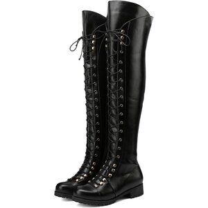 Women's Black Faux Leather Over The Knee Square Toe Thigh High Combat Boots